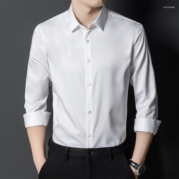 Camisas sociais masculinas elegantes casuais completas para homens elásticas sem bolso tops finos formal camisa lisa designer de cor sólida roupas brancas