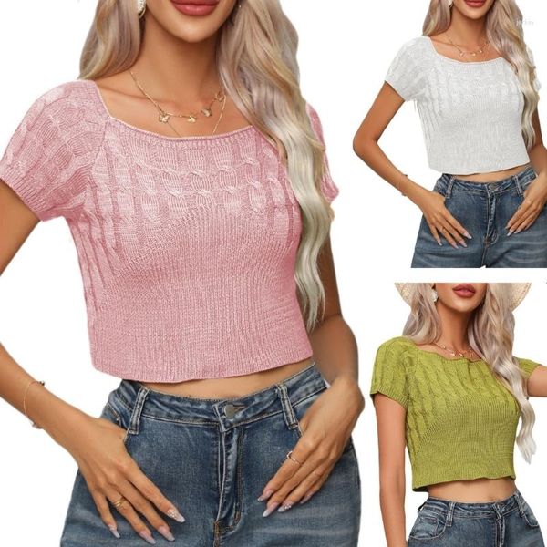 Damen-Tanktops, elegantes Kurzarm-Strickoberteil mit einzigartigen gedrehten Streifenärmeln, T-Shirt-Blusen, einfarbig für Damen