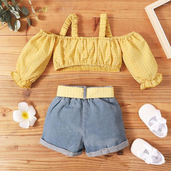 Kleidung Sets Kinder Baby Mädchen Mode 2-teiliges Outfit Set Off Schulter Tops Denim Shorts Für Kinder 1-5T 2023