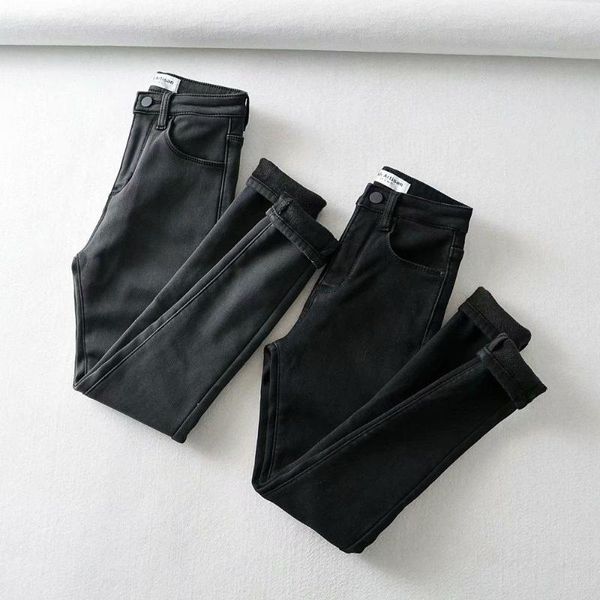 Женские джинсы зимняя высокая талия теплые женщины черные бархатные флисы карандашные брюки корейская мама скинни -растягивающие леггинсы джинсовые брюки