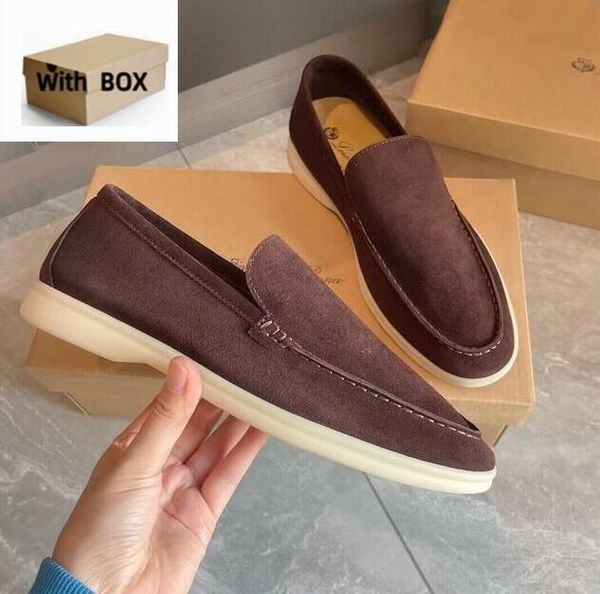 Zapatos casuales para hombres Mocasines LP planos bajos de gamuza Oxfords de cuero de vaca Loros.Piana Mocasines verano caminar cómodo mocasín deslizamiento en mocasín suela de goma pisos caja bolsa para el polvo