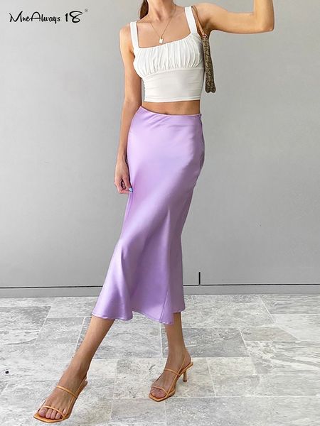 Gonne Mnealways18 Gonna in raso di seta viola tinta unita Donna Gonna lunga estiva a vita alta Gonne da ufficio eleganti da donna Midi Primavera 230808