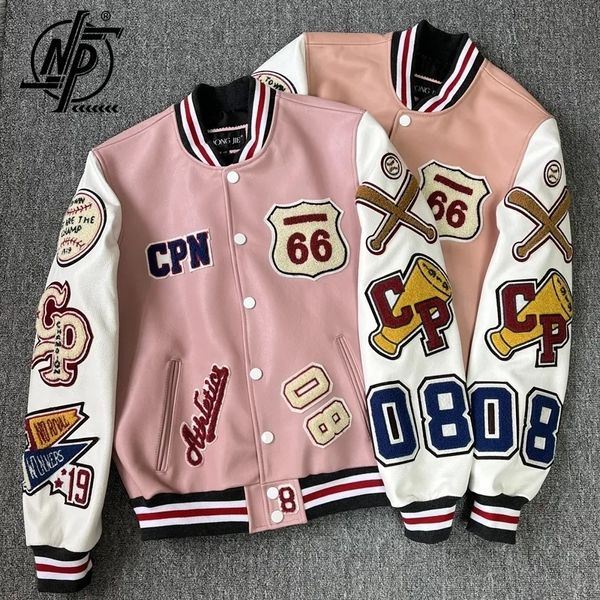 Jaquetas masculinas hip hop jaqueta de couro genuíno masculina 100% couro rosa luxo carta bordado curto motociclista beisebol indústria pesada 230809