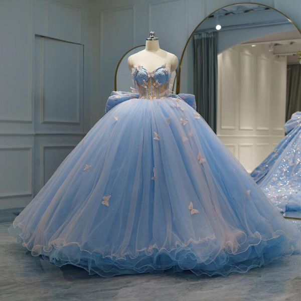 Sky Blue Big Bow Train Abiti Quinceanera Sweetheart Boning Corsetto Farfalla Gilter Perline Abiti de xv brillosos