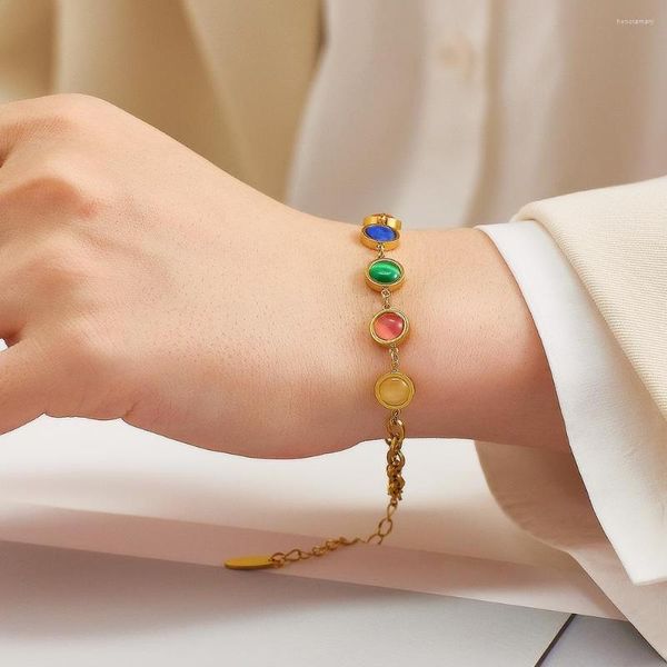 Braccialetti con ciondoli Perlina in acciaio inossidabile placcato oro 18 carati con sei pietre opali colorate