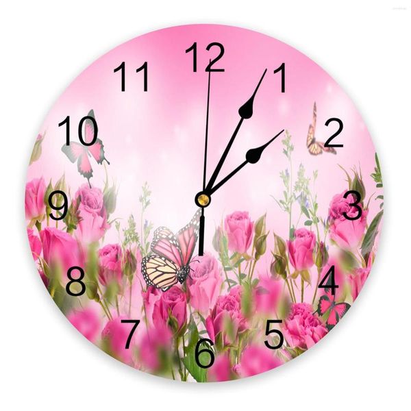 Relógios de parede borboleta rosa flores sonhador quarto relógio grande cozinha moderna sala de jantar redondo relógio decoração da casa