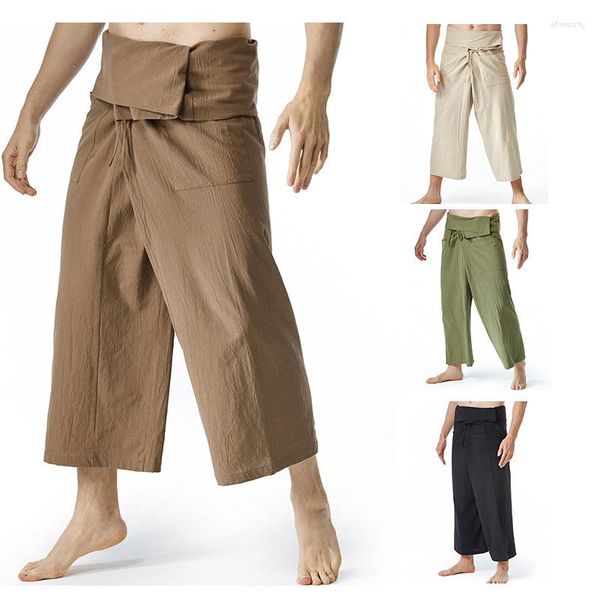 Calças masculinas Houzhou algodão baggy verão praia para homens japonês cáqui perna larga calças cortadas masculino casual streetwear respirável