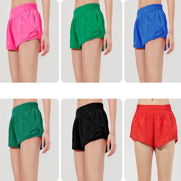 LL Yoga feminino verão novo shorts esportivos de secagem rápida respirável shorts femininos de malha oca listras reflexivas com cintura para evitar caminhada