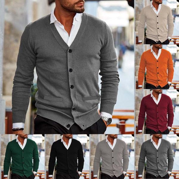 Maglioni da uomo T-shirt manica da uomo Bottone casual Solido scollo a V Slim Fit Maglione caldo Cardigan Cappotto Camicie extra large T Men