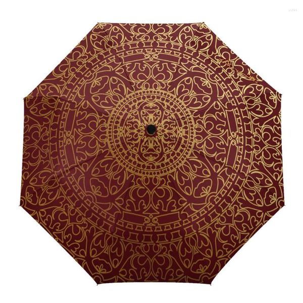 Guarda-chuvas padrão dourado oriental vermelho não automático guarda-chuva de chuva dobrável proteção solar UV para crianças mulheres homens 3 dobras