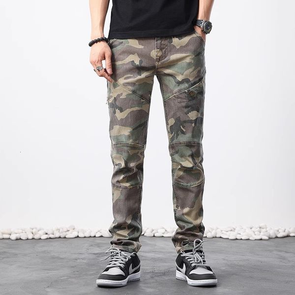 Mens Jeans Street Fashion Uomo Camouflage Pantaloni militari Spliced Designer Elastic Slim Vintage Hip Hop Denim Pants Hombre 230809
