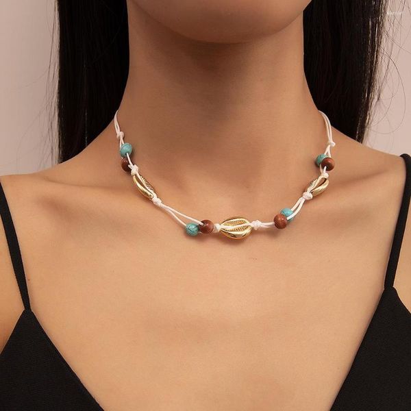 Choker Vintage Metal Shell Collane a catena con corda annodata per donna Collana di perline di colore turchese fatta a mano Collana di gioielli estivi