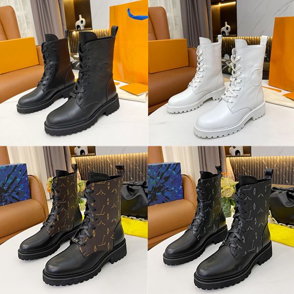 Botas femininas de grife RUBY botas de cano baixo planas moda antiga flor estampada couro sola grossa de borracha botas de brim militares da moda