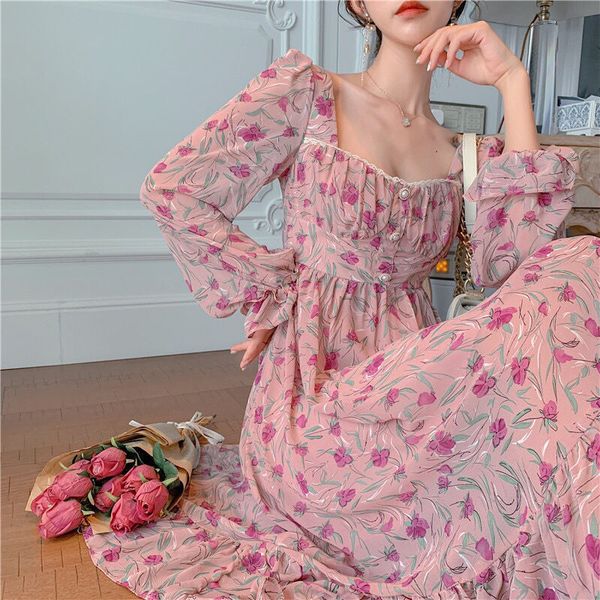 Urban Sexy Kleider Rose Floral Chiffon Perlenknopf Kleid Frauen Süße Langarm Vintage Quadrat Kragen Vestido Rosa Temperament Elegant Chic 230809