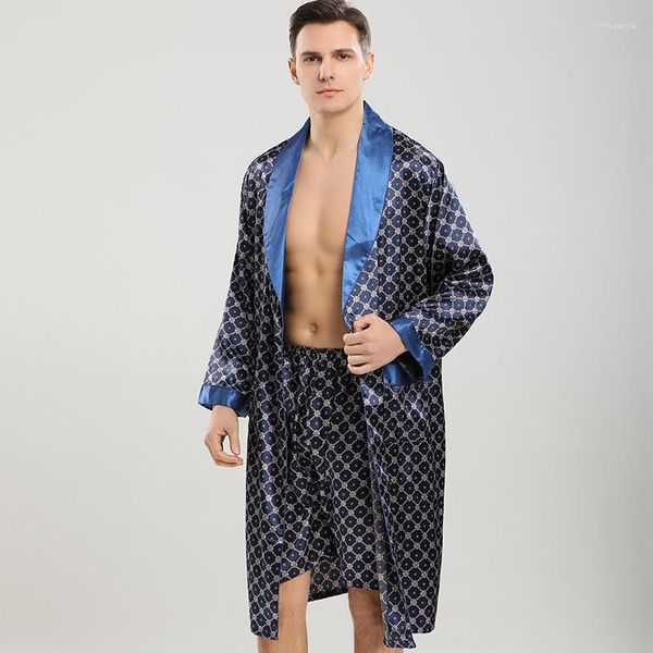 Herren-Nachtwäsche, Herren-Roben-Sets, Satin-Kimono-Kleid, männlicher Bademantel, Kunstseide, 2 Stück, Robe, Shorts, Anzug, lässige Nachtwäsche, Lounge-Wear, Homewea