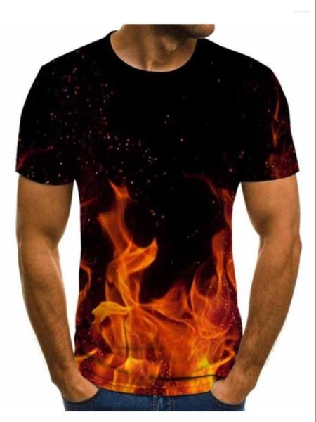 Camisetas masculinas 2023 Flame T-Shirt Summer Fashion Manga Curta 3D Gola Redonda Top Casual Sports Street GRANDE