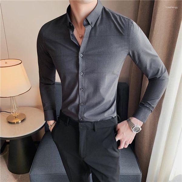 Camisas casuais masculinas 2023 Primavera Slim Camisa xadrez de um só peito Moda empresarial Manga comprida sem ferro