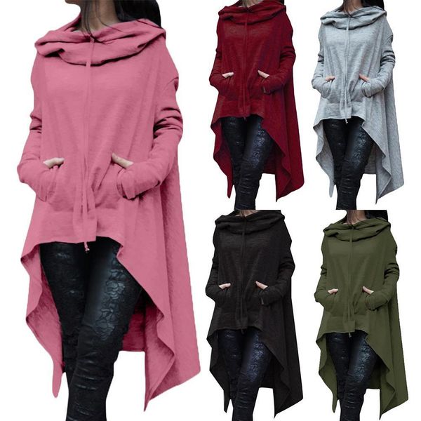 Felpe con cappuccio da donna Felpe misto cotone Donna Tinta unita Orlo asimmetrico Felpa con cappuccio con coulisse Cappotto poncho allentato per donna Felpa con cappuccio 230808