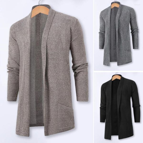 Männer Pullover 2023 Jacke Mantel Herbst Einfarbig Einfache Strickjacke Revers Langarm Offene Vordertaschen Mid-länge Stricken outwear