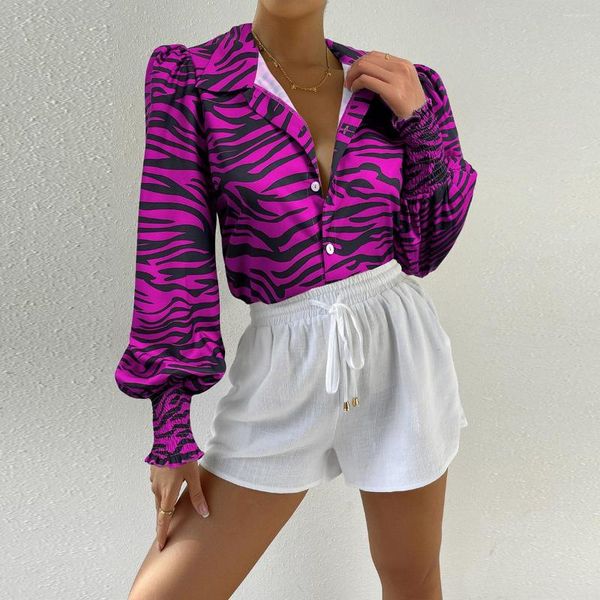 Camisa feminina de leopardo de leopardo camisa sexy versátil primavera/verão 2023 férias casuais top para mulheres elegantes lady roxa lady manga longa