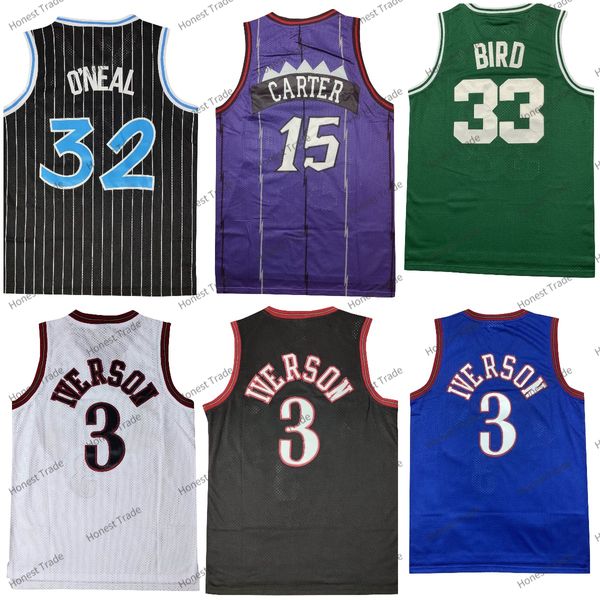 Camisa de basquete IVERSON 3 ONeal 33 Larry Bird Michael Retro Masculina Meninos Camisas de basquete costuradas
