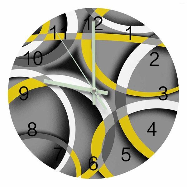 Orologi da parete Arte moderna astratta Geometria Orologio con puntatore luminoso giallo Ornamenti per la casa Rotondo Silenzioso Soggiorno Decorazioni per ufficio