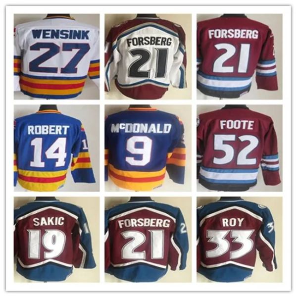 Colorado''Avalanche''Men Vintage Hockey Jerseys 52 Adam Foote 21 Peter Forsberg 9 Paul 19 Joe Sakic 33 Patrick Roy 1 Chico Resch 14 Rene Robert 9 Lanny