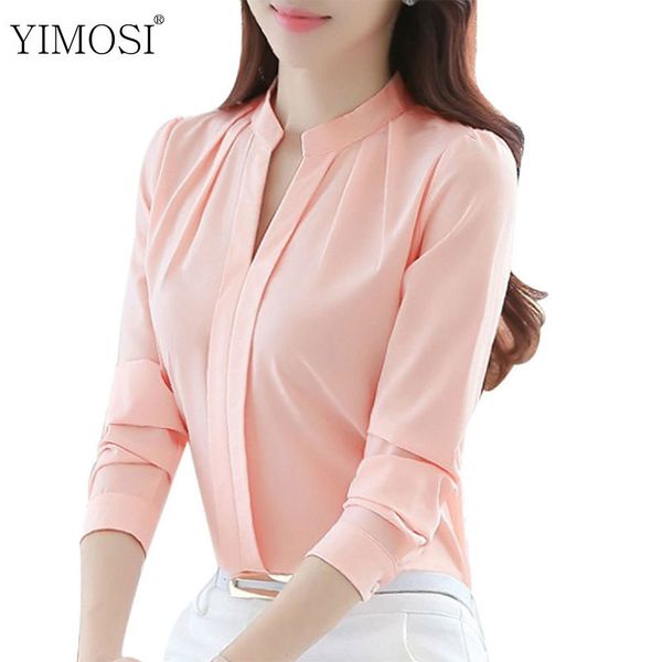 Damenblusen Hemden Sommer Herbst Frauen Chiffon Hemdbluse Langarm V-Ausschnitt Bürohemden Lässige Arbeitskleidung Tops Weiblich Rosa Weißes Hemd 230808