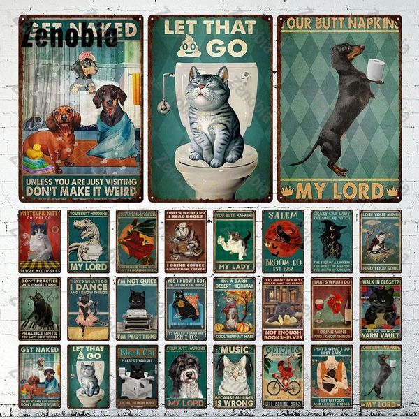 Divertente Animale Domestico Pittura in Metallo Gatto Nero Poster in Metallo Divertente Targa Vintage Metallo Targhe in Metallo Gatto Seduto sul Water Latta per Bagno Pet Home Decor 30X20CM w01