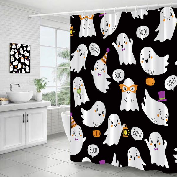 Portaspazzolini Divertenti cartoni animati Fantasmi Tende da doccia Zucca Halloween Tenda da bagno per bambini Tessuto in poliestere impermeabile Decorazioni per il bagno con ganci 230809