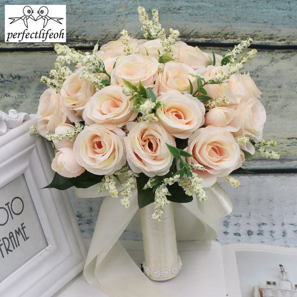 Ghirlande di fiori decorativi con fiori Bouquet da sposa rosa naturale artificiale con nastro di raso di seta Festa nuziale damigella d'onore rosa champagne bianco 230809