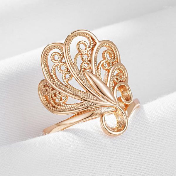Alianças de casamento Wbmqda 585 ouro rosa brilhante forma de pena de pavão anel para mulheres requintado floral moda elegante étnico