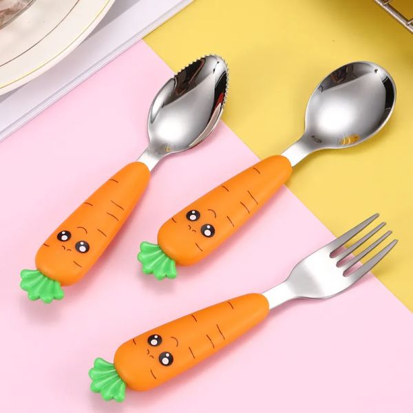 Baby Gadgets Talheres Crianças Utensílio Aço Inoxidável Toddler Louça Talheres Cartoon Cenoura Comida Infantil Alimentação Colher GarfoZZ