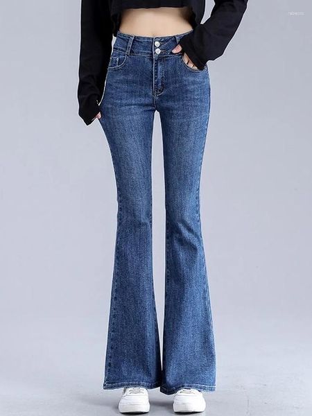 Jeans da donna primavera autunno vita alta doppio bottone blu flare pantaloni in denim elasticizzato slim moda coreana 2023 streetwear casual