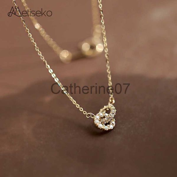 Anhänger-Halsketten Metiseko Halskette aus 925er-Sterlingsilber, 14 Karat Gelbgold vergoldet, Doppelkreuz-Kreise aus klarem Zirkonia, Halsband für Damen, Party, J230809