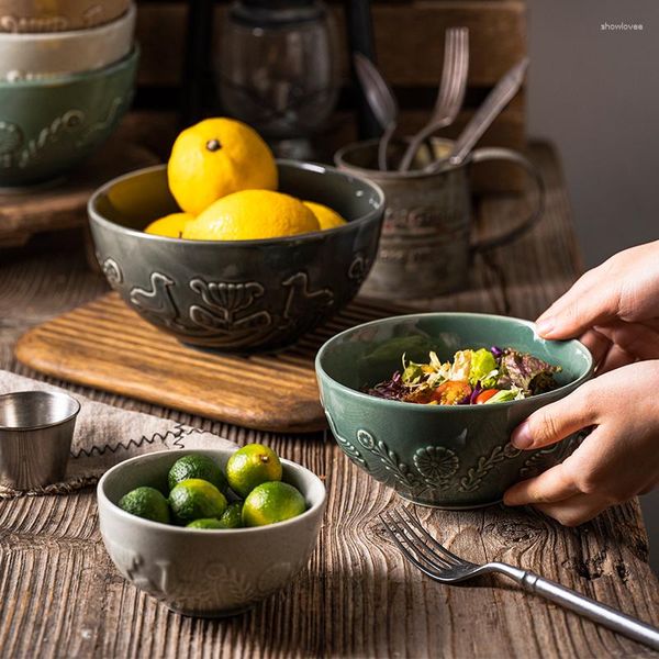 Schüsseln, Vintage-Keramikschale, Reliefblumen und Vögel, Reis, Zuhause, Suppe, Obst, japanischer Nudelsalat, Backen