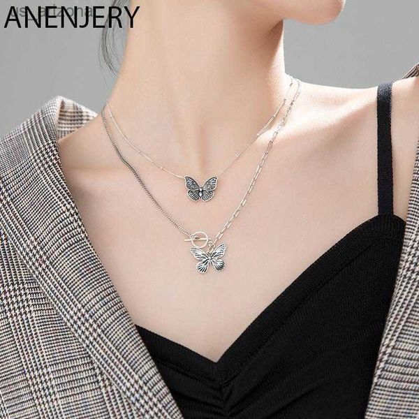 ANENJERY Silber Farbe Schmetterling Anhänger Thai Silber Halskette für Frauen Party Schlüsselbein Kette Halskette Zwei Designs Schmuck S-N649 L230620