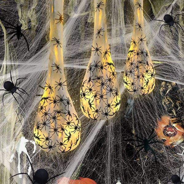 Outros suprimentos para festas de Halloween Sacos de ovos de aranha pendurados com luzes Aranhas realistas Adereços de casa assombrada para decoração interna e externa 230808