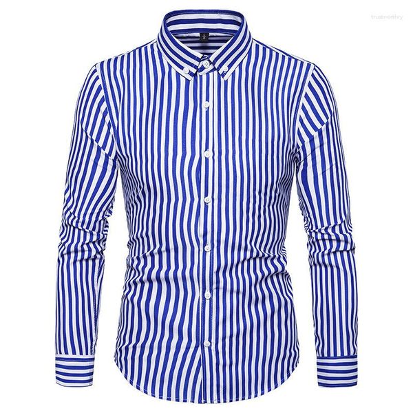 Camisas casuais masculinas 2023 Masculina Spring Men Dress Listras verticais Streetwear Slim Camisa masculina manga longa Chemise Homme Tuxedo