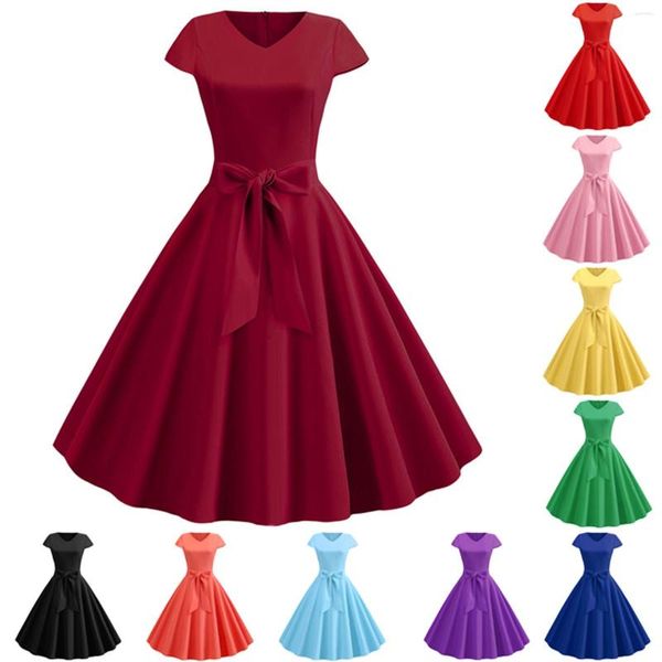 Freizeitkleider Vintage V-Ausschnitt Kurzarm einfarbiges Kleid Cocktailabend Junioren
