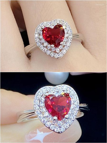 Anelli a grappolo Elegante cuore d'amore Rubino Pietre preziose Diamanti per le donne Cristallo austriaco rosso Oro bianco 18 carati Gioielli color argento Bijoux Bands