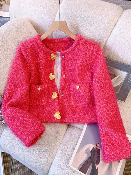 Damenjacken Herbst Winter Marke Liebe Knöpfe Kurze Jacke Mantel Frauen Französisch Goldene Einreiher Tasche Rose Rot Wollanzug Casaco