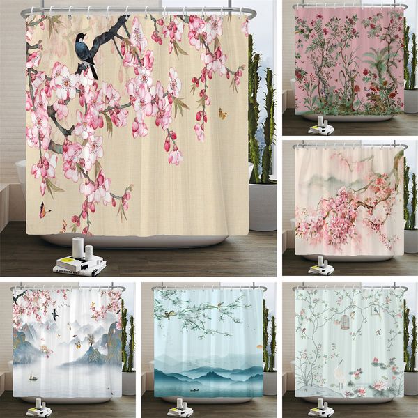 Portaspazzolini Fiori e uccelli modello Tenda da doccia Schermo da bagno 3D Tessuto impermeabile Decorazioni per il bagno 240X180cm Con tende a gancio 230809