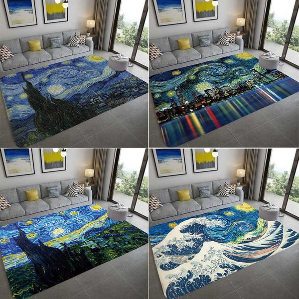 Van Gogh Kunst Abstrakter Teppich Große Wellen Stadt Landschaft Muster Teppiche Home Decor Luxus Wohnzimmer Teppich Schlafzimmer Badezimmer Matte HKD230809