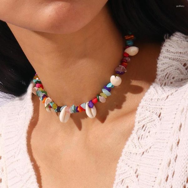 Halsband Boho Ozean Strand Unregelmäßige bunte Steinperlen Halskette für Frauen handgemachte Muschel Muschel Urlaub Schmuck