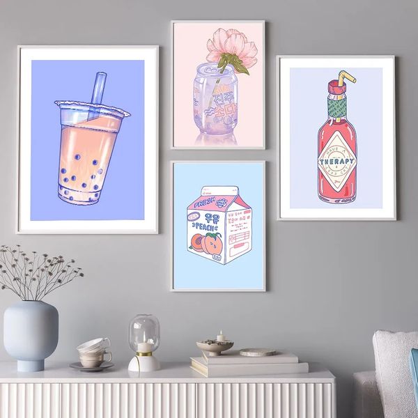 Pintura em tela dos desenhos animados bebida leite pêssego suco cerveja arte da parede nórdico anime pôsteres e imprime imagens para decoração de bar de cozinha sem moldura wo6
