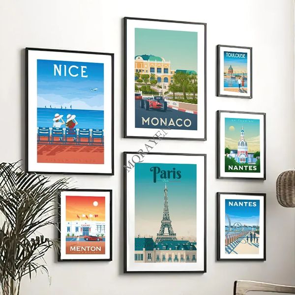 Viaggio colorato Città Tela Pittura Paesaggio Illustrazione Poster Francia Nizza Parigi Monaco Nantes Wall Art Living Home Steert Bar Cafe Decor No Frame Wo6