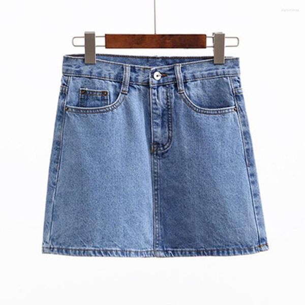 Юбки корейский стиль джинсовая ткань для женщин весна лето высокая талия короткая юбка кармана a-line jean mini faldas mujer