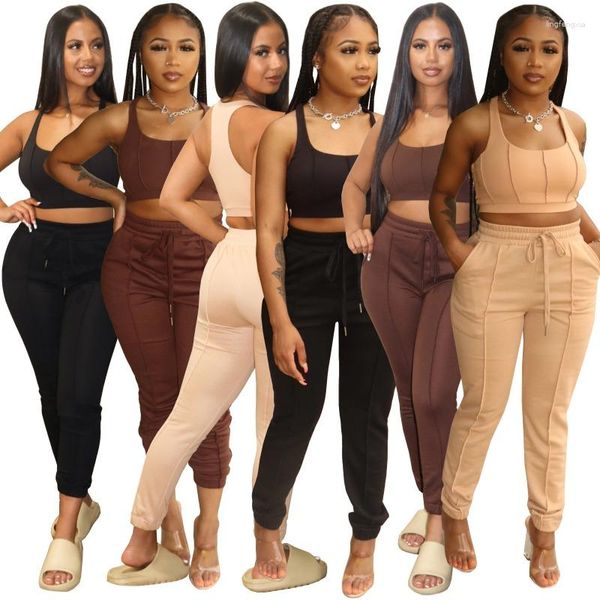 Damen Zweiteilige Hose Mode Sexy Frauen Tank Top Positionierung Linie Schräge Einsatztasche Schrumpffuß Sport Lässig 2 Sets Damen Outfits