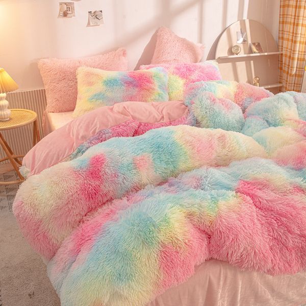 Set di biancheria da letto Luxury 4Pcs Super Shaggy Soft Coral Fleece Set di biancheria da letto caldo e accogliente Copripiumino in velluto di visone Copripiumino Copriletto Coperta 230809